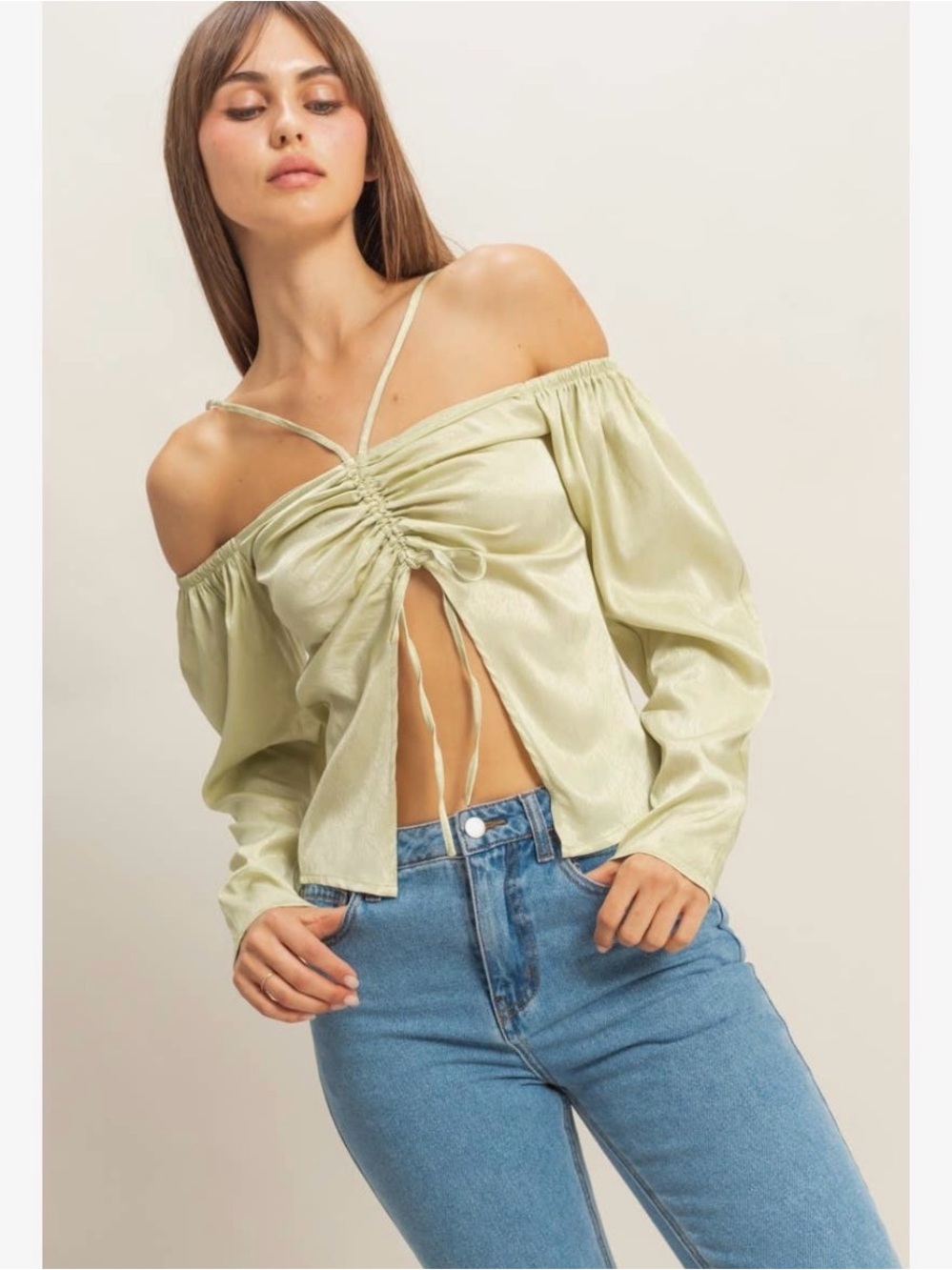 HYFVE Sage Green Satin Ruched Off Shoulder Tie Front Blouse Size S M L NEW